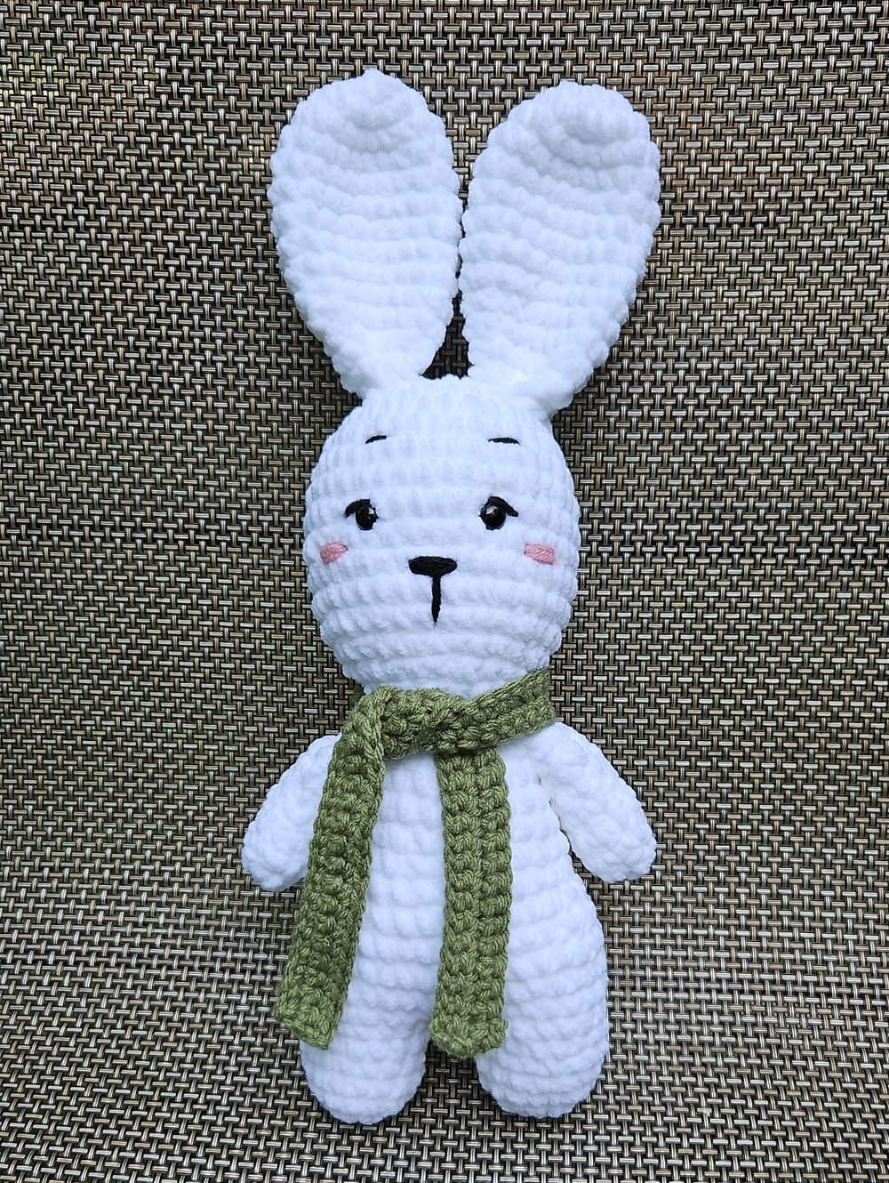White Bunny Amigurumi Bunny with Green Scarf - Handmade